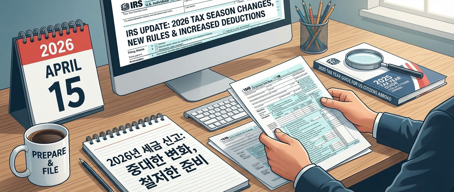 ai_696b5ec9656507.88660922 미국 세금 서류와 계산기, 펜이 놓인 책상.