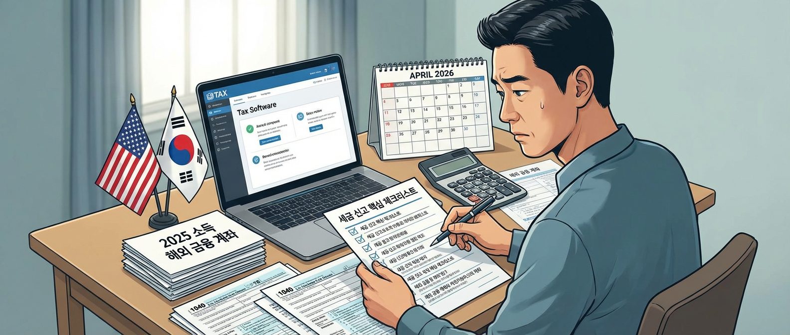 ai_6971cd22495848.32775888 책상 위 세금 서류와 펜을 들고 내용을 확인하는 모습.